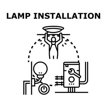 Electrician installing ceiling lamp wiring household service Stock Illustration