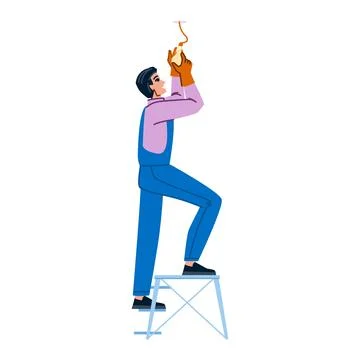 Electrician installing light bulb on stepladder Stock Illustration