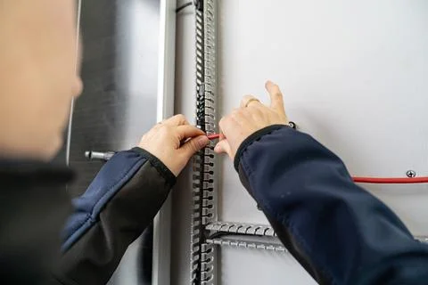 Electrician installing red cable in control panel Stock Photos