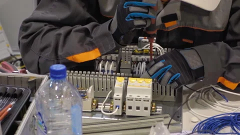 The electrician makes installation of electric elements according to the scheme Stock Footage 98230254