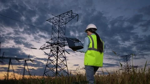 Electrician marks notes online on laptop observing power transmission lines Stock Footage 255612966