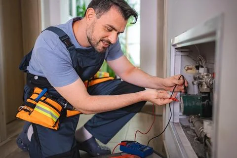 Electrician measuring voltage of heating pump in boiler room Stock Photos