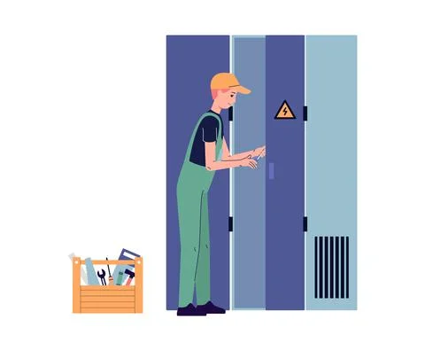 Electrician opens an electrical panel, flat vector illustration isolated. Stock Illustration