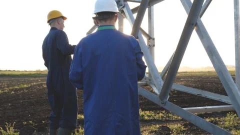 Electrician or builder and engineer, in a blue robe, in helmet. Stock-Fotos