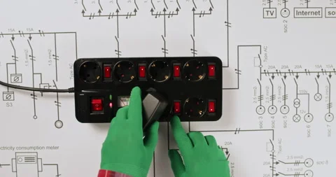 Electrician plugs devices to socket extension on drawing 스톡 동영상 277337644