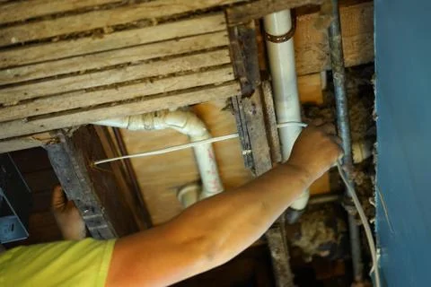 An electrician pulling wire through a hole in the ceiling. Stock Photos