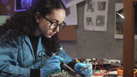 Electrician with soldering iron repairs computer circuit board in retro workshop Stock Footage 236191867