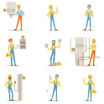 Electrician Specialist With Electric Wires At Work Doing Wireman Repairs Set Of Stock Illustration