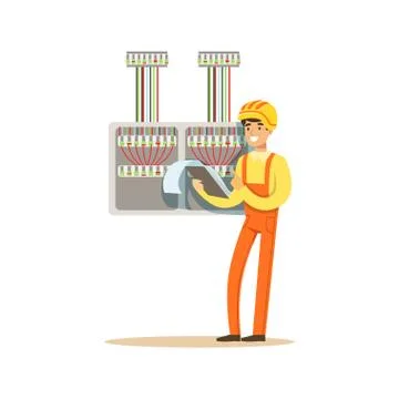 Electrician standing with documents checking electrical equipment, electric man Stock Illustration