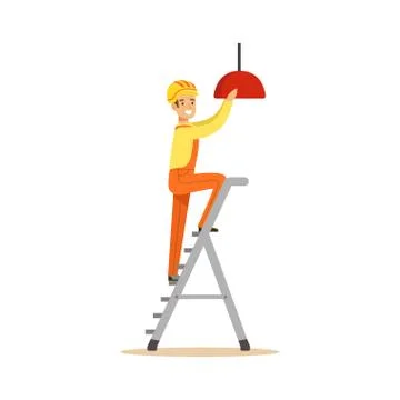 Electrician standing on a stepladder installing lighting on the ceiling Stock Illustration