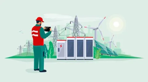 Electrician technician engineer diagnostics electricity power supply grid tra Stock Illustration
