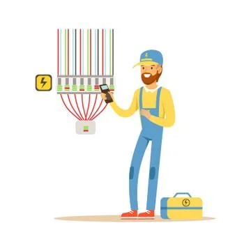 Electrician testing electrical equipment, measuring the voltage output, electric Illustrazione stock