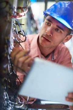 Electrician testing wires Stockfoto's