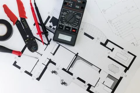 Electrician tools , instruments  and project design Stock Photos