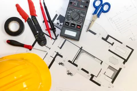 Electrician tools , instruments  and project design Stock Photos