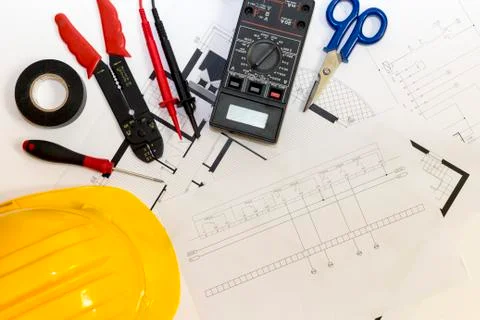 Electrician tools , instruments  and project design Stock Photos