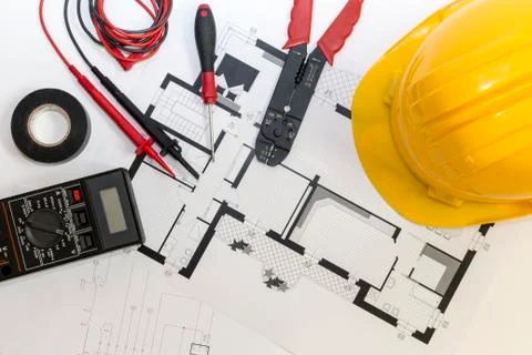 Electrician tools , instruments  and project design 库存照片