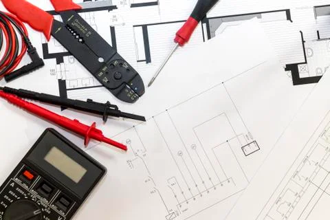 Electrician tools , instruments  and project design Stock Photos