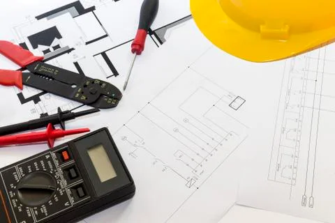 Electrician tools , instruments  and project design Stock Photos