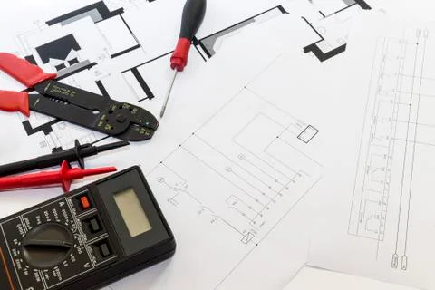 Electrician tools , instruments  and project design Stock Photos