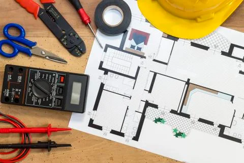 Electrician tools , instruments  and project design Stock Photos