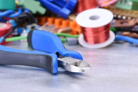 Electrician tools on table close-up Stock Photos