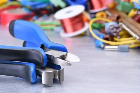 Electrician tools on table close-up Stock Photos