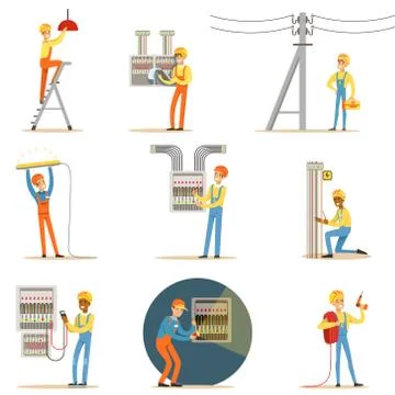 Electrician In Uniform And Hard Hat Working With Electric Cables And Wires Stock Illustration
