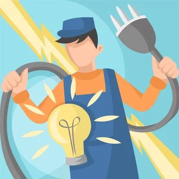 Electrician in uniform with socket plug cable and lightbulb Illustrazione stock
