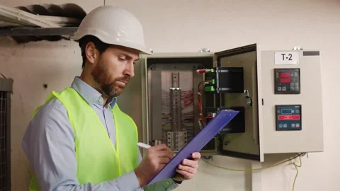 Electrician uses tablet to record electrical network power data manages project. 스톡 동영상 256225531