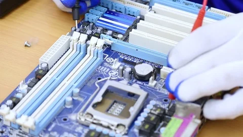 Electrician using voltmeter for checking and repair office equipment Stock Footage 81543061