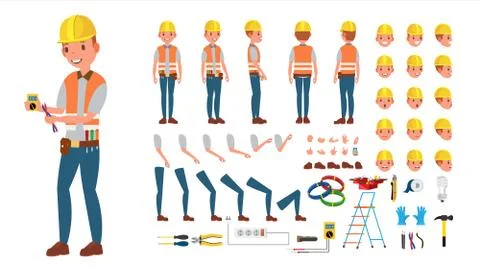 Electrician Vector. Animated Character Creation Set. Electronic Tools And Stock Illustration