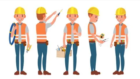 Electrician Vector. Different Poses. Working Process. Flat Cartoon Illustration Stock Illustration
