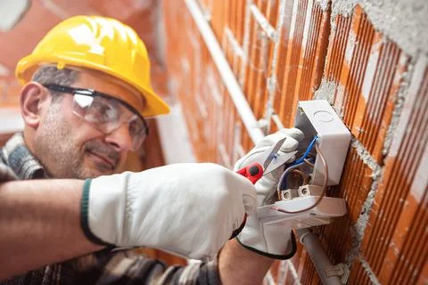 Electrician at work in an electrical system of a construction site. Construct Stock-Fotos