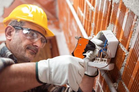 Electrician at work in an electrical system of a construction site. Construct Foto stock