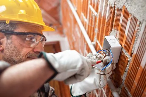 Electrician at work in an electrical system of a construction site. Construct Foto stock