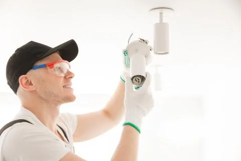 Electrician worker man assembling electric lamps in new apartment 스톡 사진