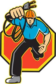 Electrician worker running electrical plug Stock Illustration