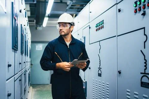 Electrician worker using tablet controlling machine at factory 스톡 사진