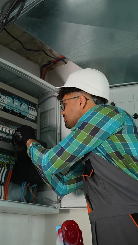 Electrician working on electrical panel installing cables and breakers Stock Footage 312845968