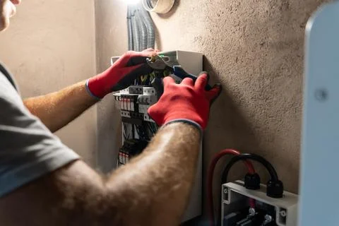 Electrician Working in Electrical Panel Stock Photos