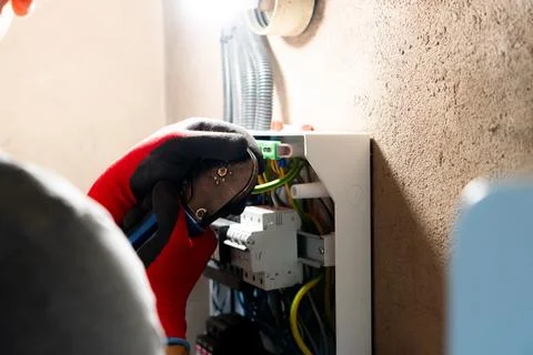 Electrician Working in Electrical Panel Foto stock