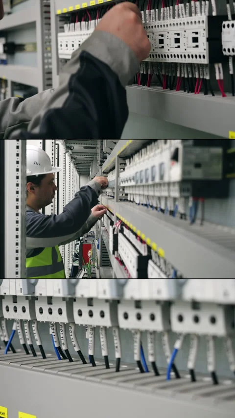 Electrician Working on Industrial Electrical Control Panel. Stock Footage 345781752