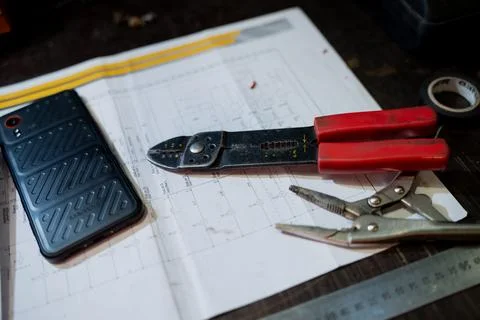 Electrician workspace with tools Stock Photos