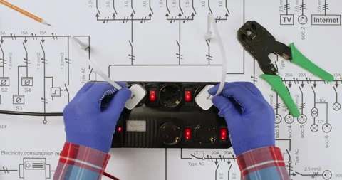 Electricians plug power banks to socket extension on drawing Stock Footage 277562395