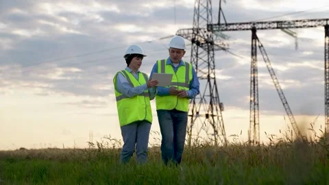 Electricians study development plan on tablet walking past power substation Stock Footage 256701092