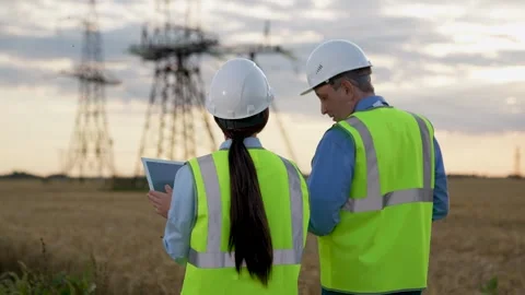 Electricians with tablet computer walk past power generation substation Stock Footage 264190980