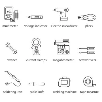 The Electricians tools line icon set Stock Illustration