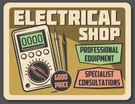 Electricity and voltmeter device, vector poster Stock Illustration