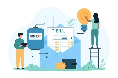 Electricity bill, tiny people press power button on light bulb, man check Stock Illustration